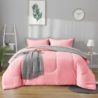 Queen Pink Comforter Set Bed in a Bag with Gray Sheet Set Reversible Soft - 1 Co