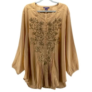 Roamans Pullover Blouse Plus Size 32 W Gold Party Holiday Sequin Embellished Top - Picture 1 of 7