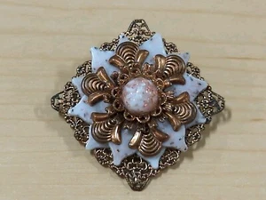 Broche prendedor vintage filigrana tono cobre rosa cobre piedras manchadas Art Deco raro - Imagen 1 de 14