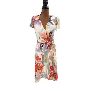 Abito midi DKNY astratto stampato floreale scollo a V manica ad aletta - Taglia 4 - Nuovo con etichette  - Foto 1 di 11