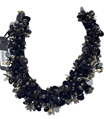 J Crew Negro Cuentas Lentejuelas Floral Grueso Distintivo Collar Cinta Corbata Babero Foto 1 de 4