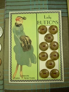 10 Fancy Carmel Tortoise Bakelite fans * VINTAGE BUTTONS * Cassie Annie ART CARD - Picture 1 of 8