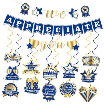 We Appreciate You Banner Decorations Blue Gold Thank You Hanging Swirls Sign  - Image 1 of 4