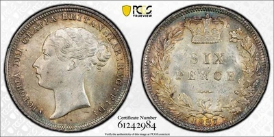 1887 G.B. Виктория 6 пенсов PCGS MS64 лот #G1325 серебро! Выбор не бывший в обращении! S-3912 Young - Изображение 1 из 4