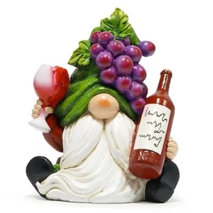 Charming Gnome Indoor Home Decor with Grapevine Hat Holding Wine Bottle and - Picture 1 of 7