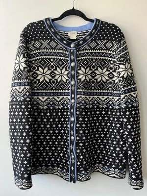 LL Bean Nordic 100% Lambs Wool Cardigan Sweater Womens XL Fair Isle Snowflake - Image 1 of 4