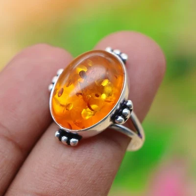 Anillo ámbar plata de ley 925 | Joyería bohemia de piedras preciosas naturales hechas a mano"8 Foto 1 de 4