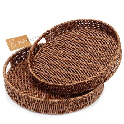 Coffee Table Tray 2 Pack Rattan Woven Basket Multifunctional Round Rattan Ser... - Image 1 of 4