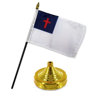 Christus Christliches Kreuz Flagge 4"x6" Schreibtisch Set Tisch Stab Gold Basis 100D - Bild 1 von 1