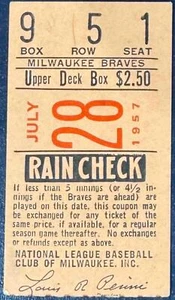 1957 NEW YORK GIANTS MILWAUKEE BRAVES TICKET STUB WILLIE MAYS CAREER HOMERUN 170 - Picture 1 of 3