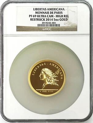 2014 GOLD 5oz LIBERTAS AMERICANA MONNAIE DE PARIS FRANCE MEDAL NGC PF 69 UC - Image 1 of 4