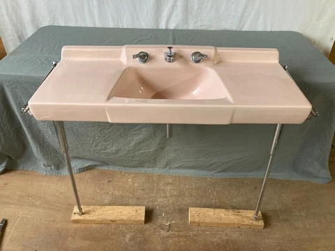 Vtg Deco Coral Pink Console Bathroom Sink Chrome legs Towel Bars Standard 29-23E Cover
