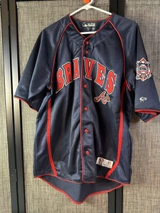 TRUE FAN Atlanta Braves MLB Button Down Baseball Jersey Size L Navy Red (SU) - Picture 1 of 17