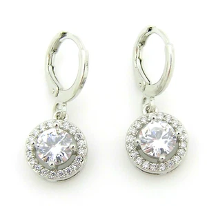 White Gold Plated Crystal Halo Circle Shaped Round Dainty Ladies Earrings Gift - Picture 1 of 9