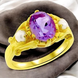 GENUINE AMETHYST & PEARL 925 SILVER 24K GOLD OVERLAY ANTIQUE STYLE RING  1027 - Picture 1 of 3