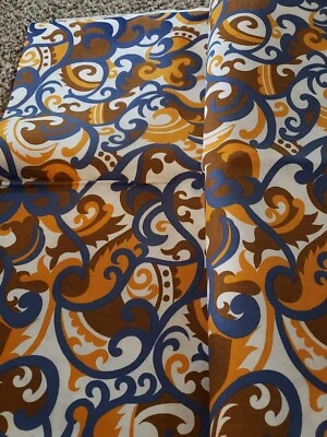 Truly Vintage Blue Yellow Brown Retro Fabric Uncut  98" X 45"W  ** - Image 1 of 4