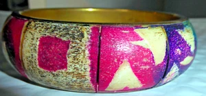 Vintage Inlaid Thick Brass Bracelet Handpainted Multicolored SUPER NIFTY! - Picture 1 of 5