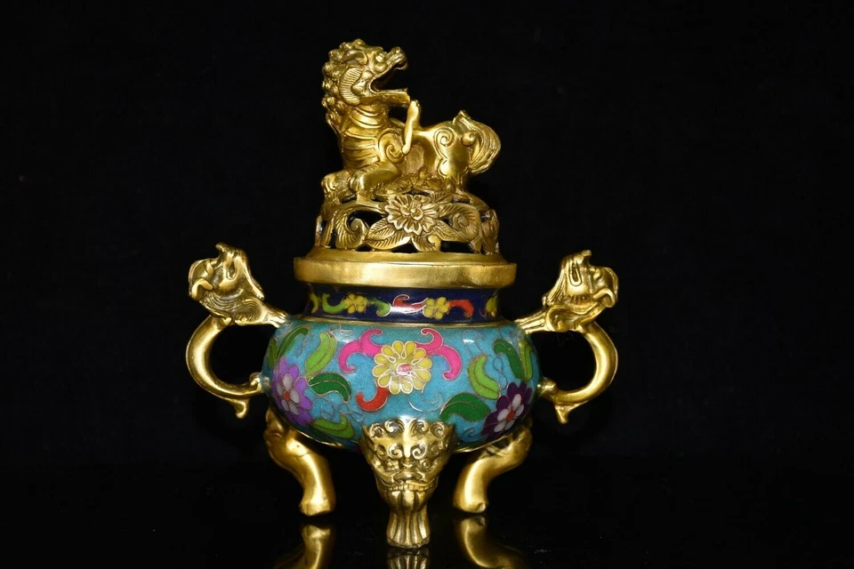 Queimador de incenso de cobre chinês cloisonne 7,6 pol. incensário animal panela de latão antiga - Imagem 1 de 4