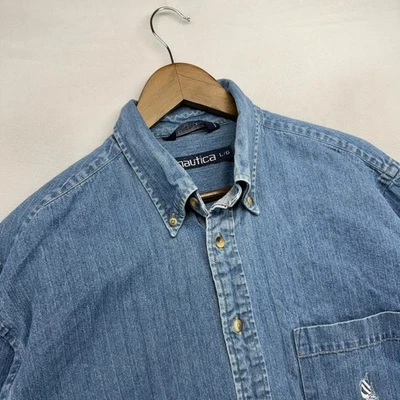 Camisa vaquera vintage Nautica para hombre grande azul bordada con botones a rayas años 90 Foto 1 de 4