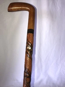 VTG Elaborate Hand Carved Textured Wood Folk Art Cane Walking Stick- 37 Inches - Picture 1 of 14