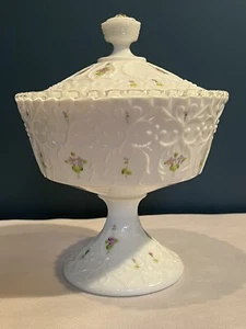 Fenton Milk Glass Silvercrest Footed Covered Candy Dish | Hand Painted/SIgned - Picture 1 of 6