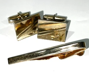 Cufflink & Tie clip Gold Color cuff Shirt Men's Set W/ Leaf designed VTG - Bild 1 von 7