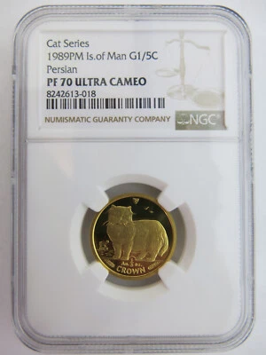 1989 1/5 oz Gold Crown Isle of Man Persian Cat NGC PF70 Ultra Cameo Elizabeth 2 - Image 1 of 2