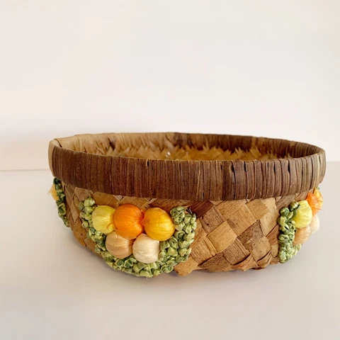 Vintage Woven Straw Basket Raised Fruit Embroidered Cottagecore Bread Basket Cover