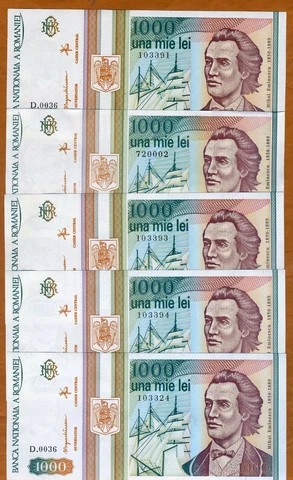 LOT Romania, 5 x 1000 (1,000) Lei, 1993, P-102, UNC Cover