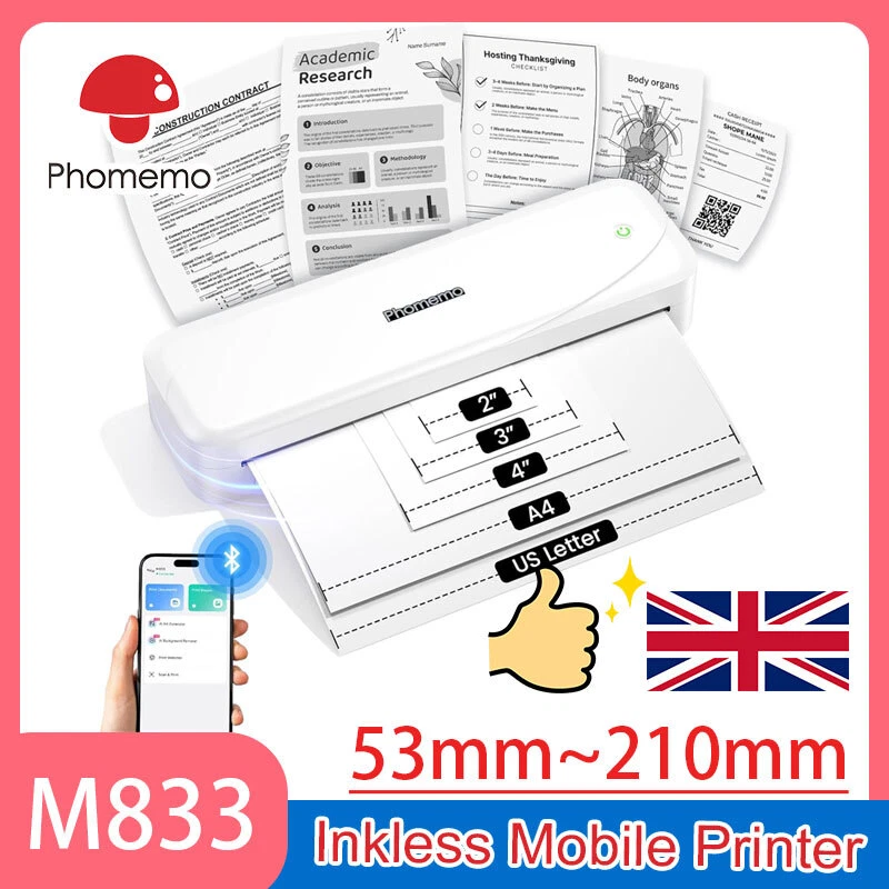 Phomemo M833 Wireless Thermal Printer Portable Inkless Bluetooth A4 Printer LOT - Image 1 of 4