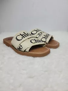 Sandali donna Chloe Woody logo slide taglia 5 US 35 EUR tela made in Italy - Foto 1 di 13