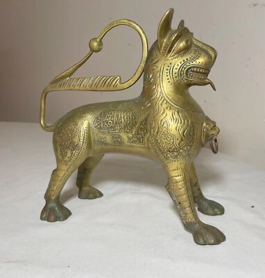 antique 1800's bronze brass Aquamanile Lion Oil Lamp lighter Temple Lion statue - Image 1 of 4