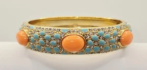 Stella & Dot Hinged Bangle Bracelet Coral Turquoise Crystal Gold Tone - Picture 1 of 13