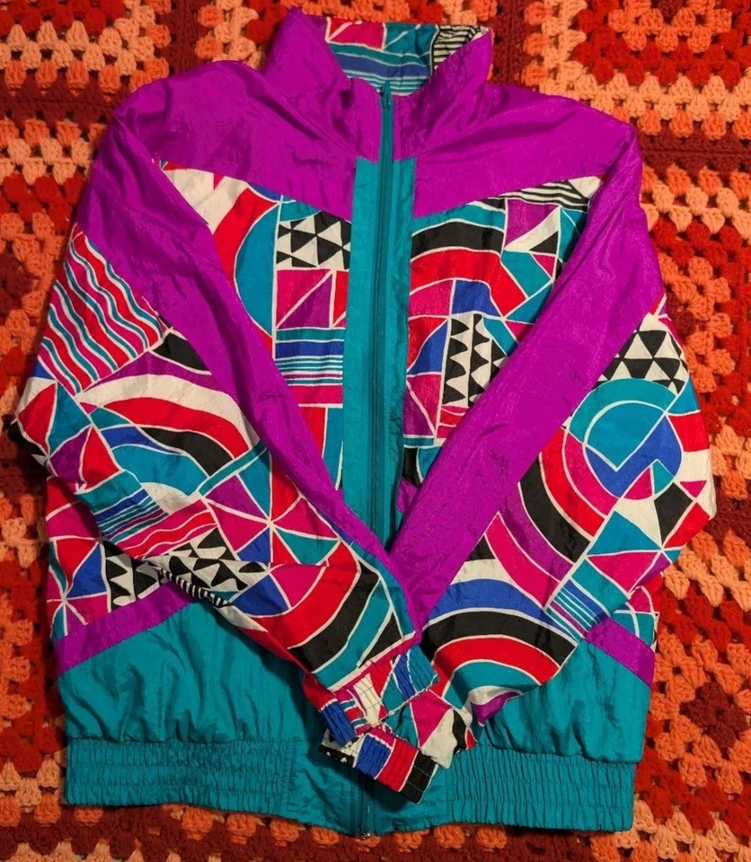 90 年代 Sunterra Petite 抽象/几何印花风衣夹克,尺寸 L,复古 — 第 1/4 张图片