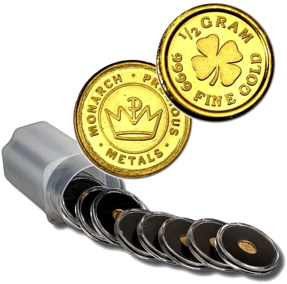 LOT 10 X 1/2 GRAM MONARCH LUCKY FOUR LEAF CLOVER .9999 GOLD ROUNDS IN CAPSULE BU - Image 1 of 4