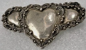 Antique Victorian Triple Heart Sterling Silver Brooch C Clasp Hallmarked Signed - Picture 1 of 16