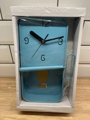 Kitchen Wall Clock Canned fish Sardine metal pendulum Fish in Tin Blue Yellow - Image 1 of 4