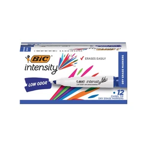 BIC Intensity geruchsarmer trocken abwischbarer Marker, 12er-Pack, Keilspitze, blau, ungiftig - Bild 1 von 4
