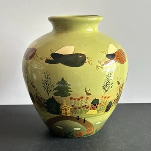 Vintage Bucolic Rustic Rural Scene Folk Art Painted Figural Angel Vase Fable - Picture 1 of 13