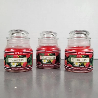 Yankee Candle Strawberry 3.7oz, Lot of 3 Small Jars Retired Black Band Rare VTG - Image 1 of 4