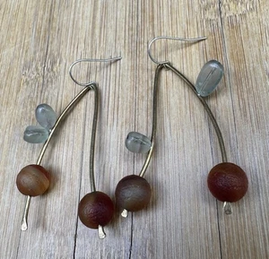 Abstract Beaded Drop Sterling Silver/Copper Vintage Earrings - Picture 1 of 4