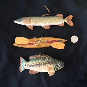 Vintage Rustic Fishing Fish Cabin Canoe Christmas Ornaments Folk Art  Set Of 3 - Picture 1 of 2