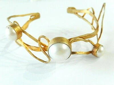 *VINTAGE* Designer JS Handmade Pearl 925 Sterling Silver Jewelry Cuff Bracelet  - Image 1 of 4