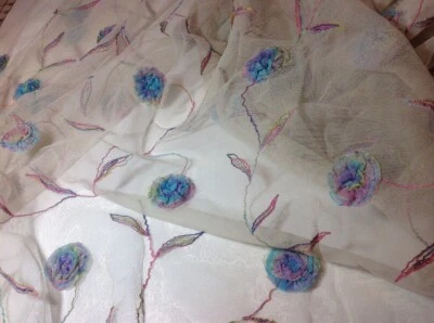 Flower 3 D Fabric - Tulle Net Multi-Color Ribbon Flowers off-white Net BTY 42"w - Image 1 of 4