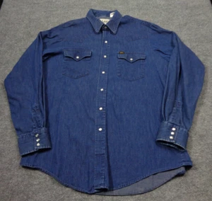 Vtg 70s Lee Shirt Mens XL 17 Blue Denim Jean Pearl Snap Button Up Western USA - Picture 1 of 12