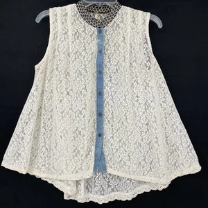 Free people Ivory Lace Button Down Sleeveless Top Size Small Contrast Trim Sheer - Picture 1 of 7