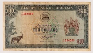 Rhodesia $10 1976  P-37a (1st Mar 1976) , Circulated Banknote J/44 384089 - Picture 1 of 3