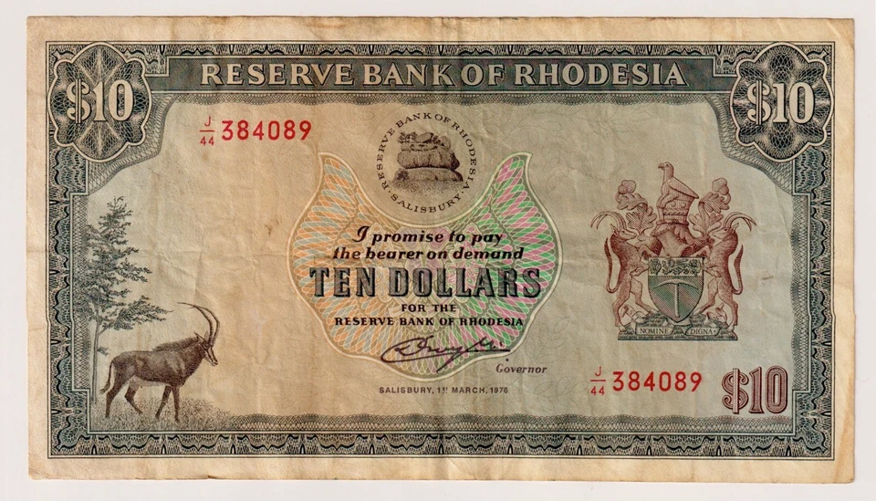 Rhodesia $10 1976  P-37a (1st Mar 1976) , Circulated Banknote J/44 384089 - Image 1 of 3