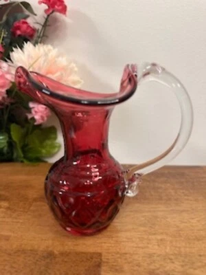 Vintage Cranberry Diamond Pattern Glass Pitcher – Sculptural Handle Mid-Century - Image 1 of 4
