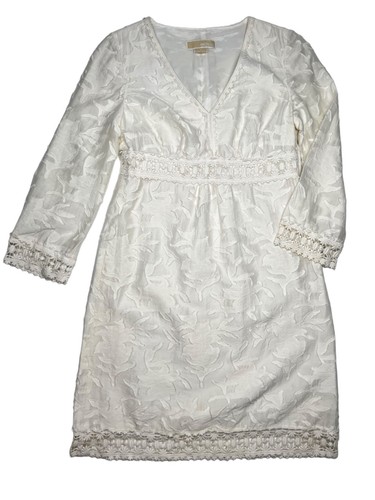Abito da donna Michael Kors bianco testurizzato boho pizzo collo a V manica a 3 4